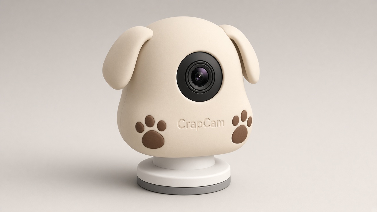 CrapCam camera in the cream Pup silicone cover, shaped like a dog's head with floppy ears and paw prints